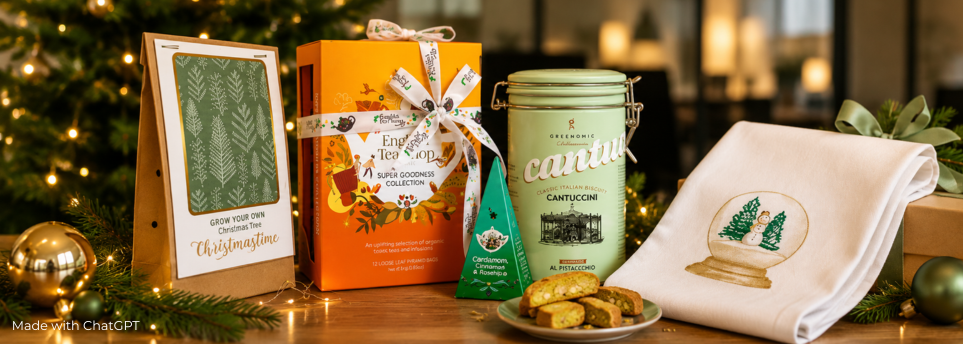 Mitarbeiter Geschenke zu Weihnachten, Tannenbaum Pflanzset, Tee Geschenk Set, Cantuccini Dose, Geschirrtuch mit weihnachtsmotiv
