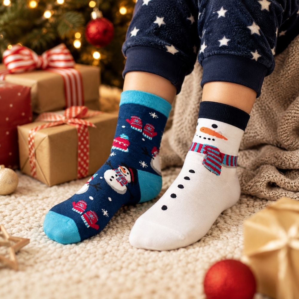 Kindersocken mit Schneemann Motiv und weihnachtlichem Hintergrund