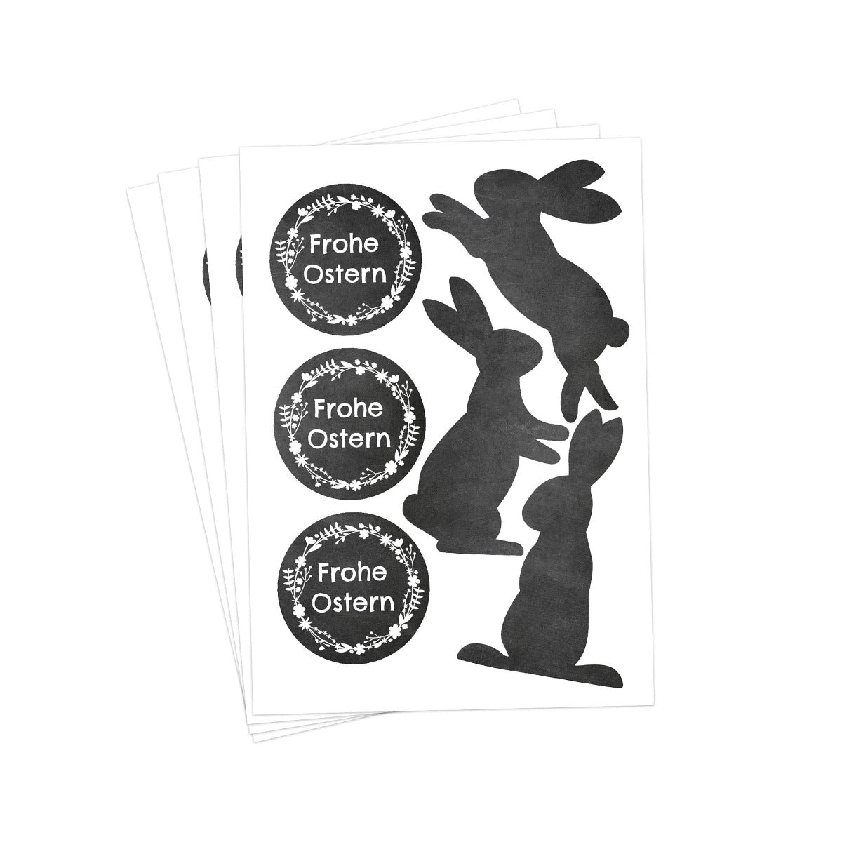 Die Sticker auf einem Stickerblatt mit der Schrift "Frohe Ostern" Hasen