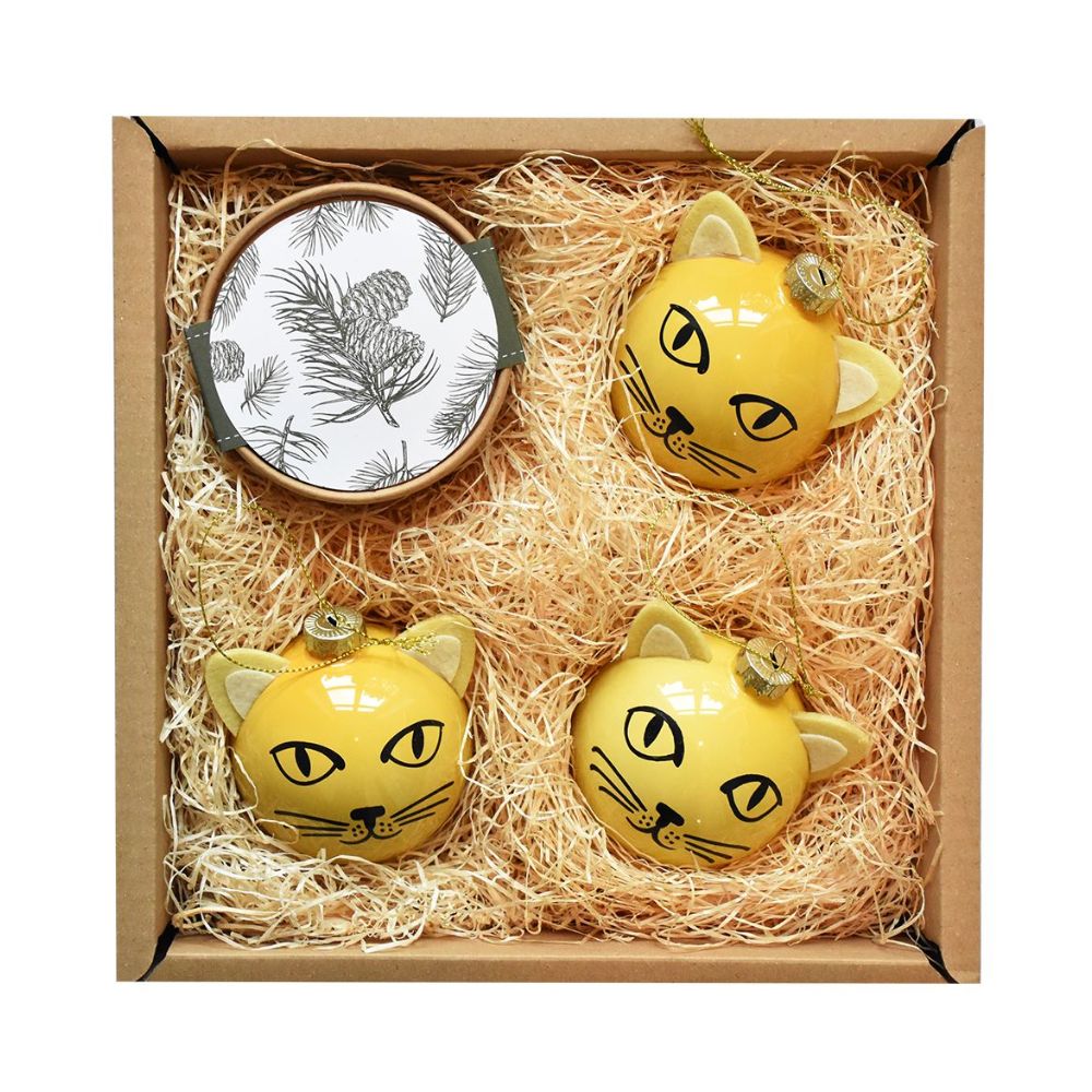 Eine Geschenkbox in welcher kleine Katzen Weinachtskugeln vorhanden sind von hey WOW go Green