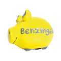 Gelbes Sparschwein aus KEramik, Graue Details (Ohren und Füße), Weiße weiche Noppen an der Unterseite der Füße, Graue Aufschrift: Benzingeld, schwarz gemalte Gesichtszüge