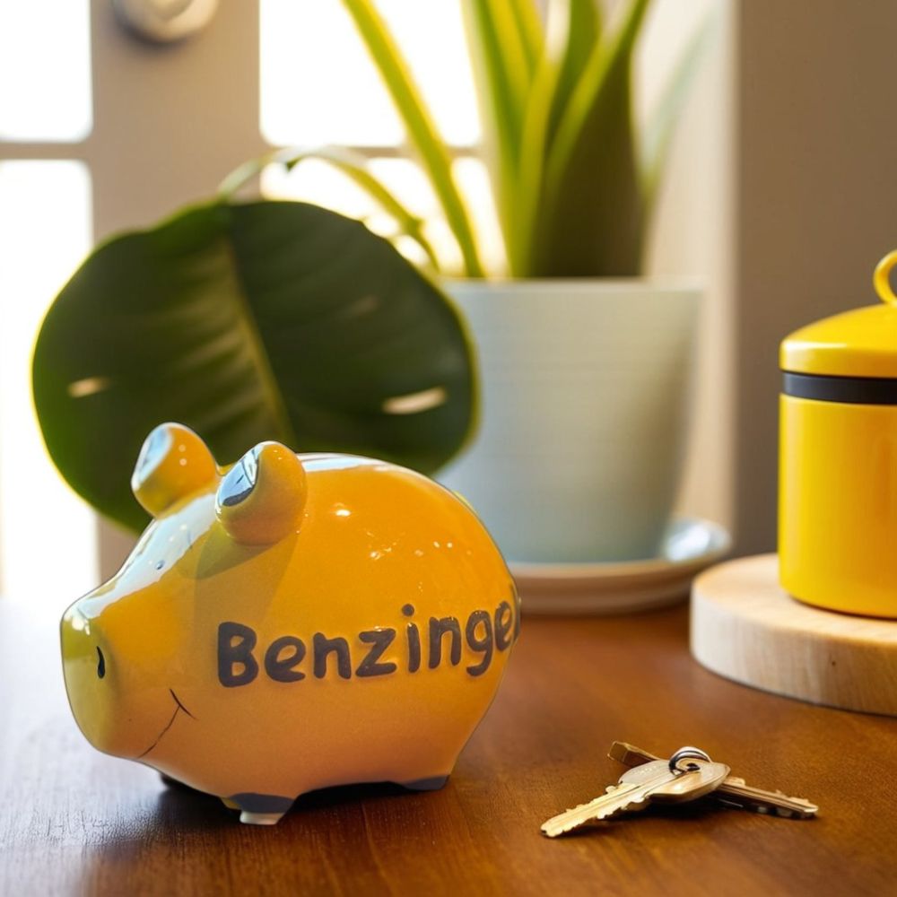 Gelbes Sparschwein aus Keramik mit grauer Aufschrift: Benzingeld, angerichtet auf einem Holztisch mit Pflanzen im Hintergund und schlüssel im Vordergrund
