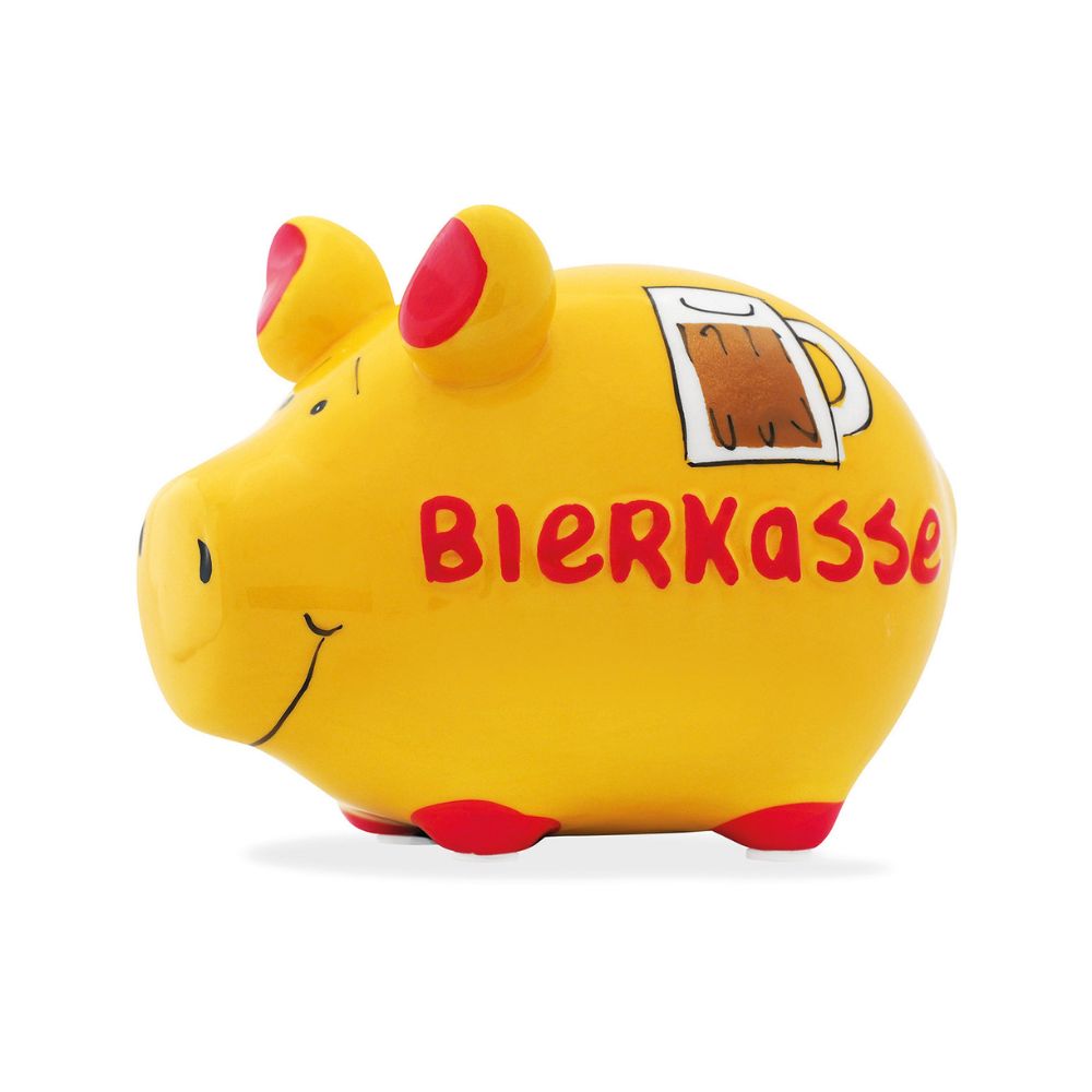 Sparschwein Keramik, gelb mit roten Details (Schweineohren und Füße), weiße Noppen an der Unterseite der Füße, schwarze dünne Gesihctzüge, rote große Aufschrift: Bierkasse, gemaltes Bier in comic zeichen Stil aufgedruckt über dem Schriftzug