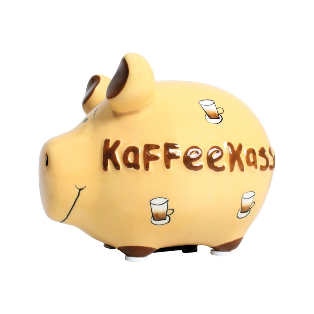 Beiges Keramik Sparschwein, braune Details (Schweineohren und Füße) weiße Nopppen an der Unterseite der füße, braune Aufschrift "Kaffeekasse", Kafeetassen Motiv, schwarz gemalte Gesichtszüge