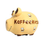 Beiges Keramik Sparschwein, braune Details (Schweineohren und Füße) weiße Nopppen an der Unterseite der füße, braune Aufschrift "Kaffeekasse", Kafeetassen Motiv, schwarz gemalte Gesichtszüge 