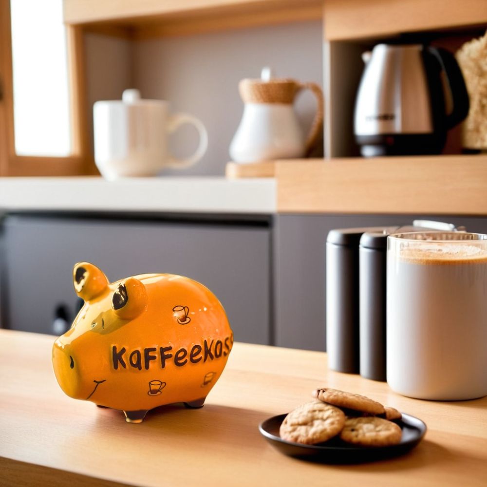 beige gelbes Keramiksparschwein mit der Aufschrift: Kaffeekasse an einer Kaffeteke aus Holz fotografiert, Kaffee und Kekse im Hintergrund