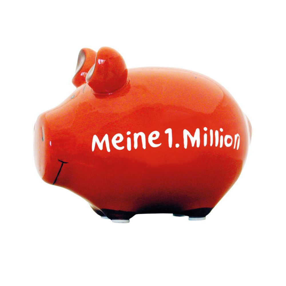 Rotes Sparschwein aus Keramik, 9 x 9 x 12,5 cm, dunkelbraune Details (Schweinohren & Füße), weißer Schriftzug "Meine 1. Million", Gesichtzüge in Schwarz