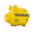 Gelber Sparschwein mit grünen Akzenten und sternen und der Schrift "Trinkgeld" in Blau