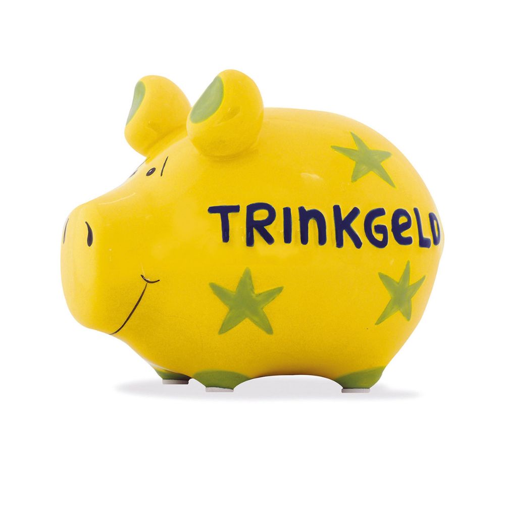 Gelber Sparschwein mit grünen Akzenten und sternen und der Schrift "Trinkgeld" in Blau
