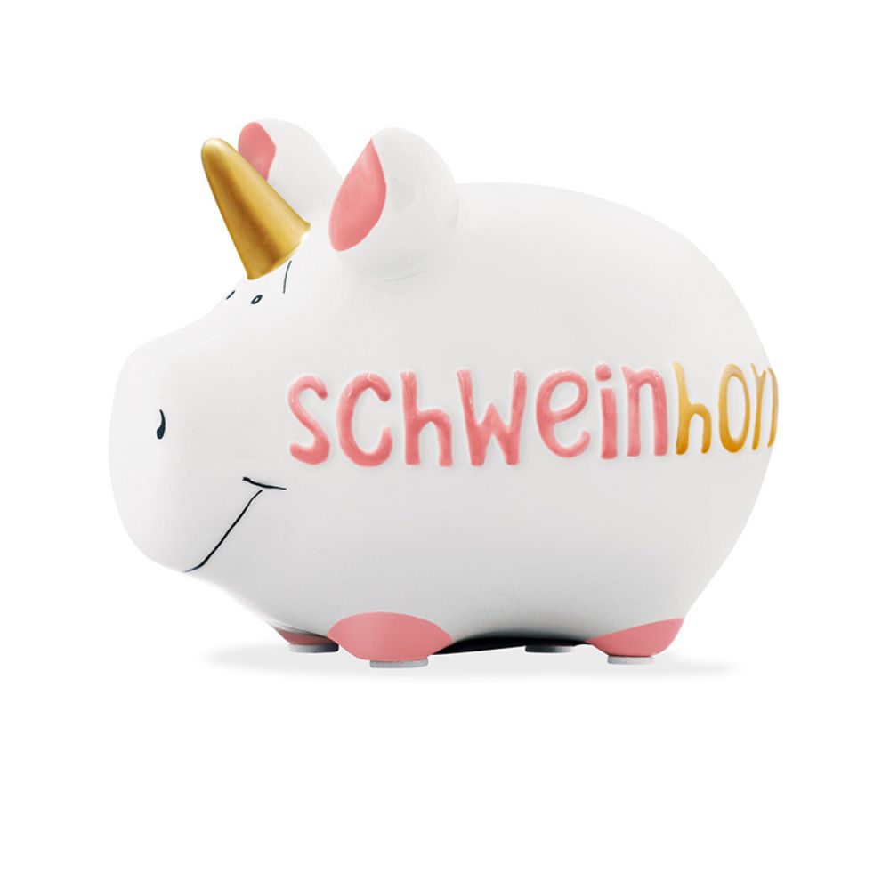 Weißes Keramiksparschwein, rosane Details (Schweineohren und Füße) weiße weiche Noppen an der Unterseite der Füße, Gesichtzüge dünn in schwarz gemalt, goldenes Einhorn zwischen den Ohren, Aufschrift in Rosa und gold: Schweinhorn