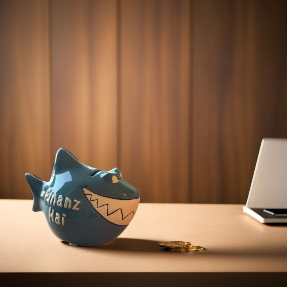 Keramik Finanz Hai in grau blau, angerichtet auf Bürotisch, ein paar goldenen Münzen, Laptop und Gardinen im Hintergrund