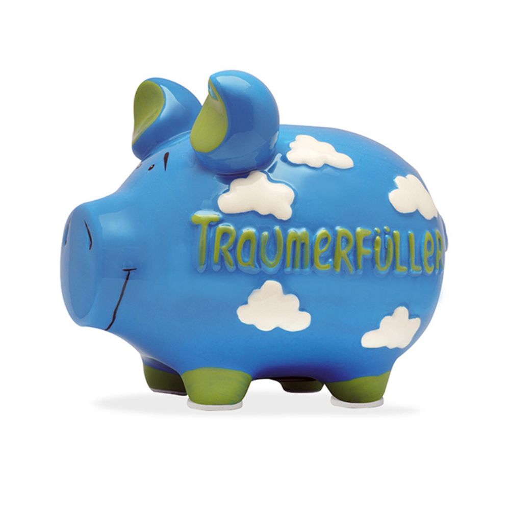 Großes Sparschwein aus Keramik, tiefblau mit weißes Wolken, Grüne Details und grüner Schriftzug "Traumerfüller", Gesichtszüge des Sparschweins in schwarz gemalt