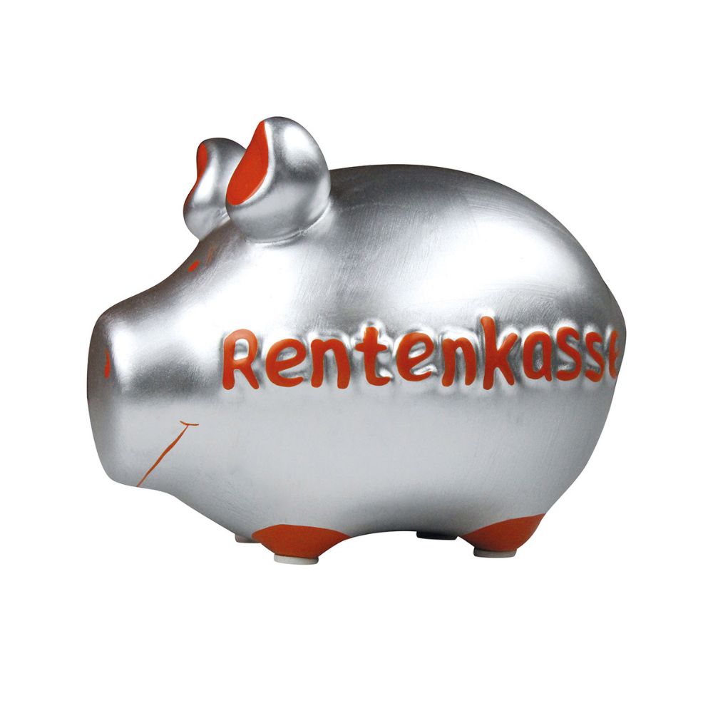 Silber Sparschwein mit roten Füßen, ohren und roter schrift "Rentenkasse"