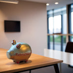 Der Silber Sparschwein mit roten Füßen, ohren und roter schrift "Rentenkasse" steht auf einem Tisch im Büro