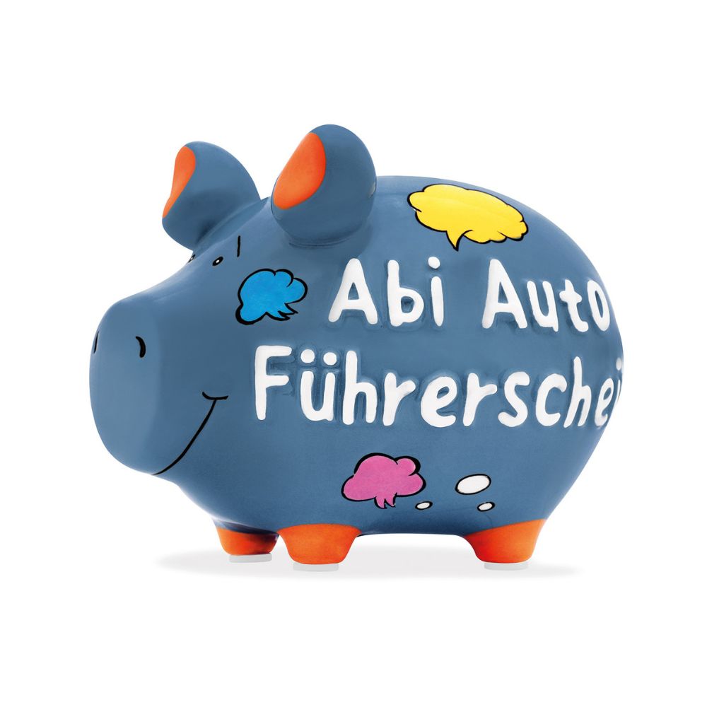 Grau Blaues Sparschwein aus Keramik, 9 x 9 x 12,5 cm, neon orange Details (Schweinohren & Füße), zweier Schriftzug "Abi Auto Führerschein", Denkblasen in gelb, blau und rosa, Gesichtzüge in Schwarz