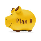 Gelbes Sparschwein mit braunen Details, 9 x 9 x 12,5 cm, Brauner Schriftzug: Plan B, Sparschwein aus Keramik