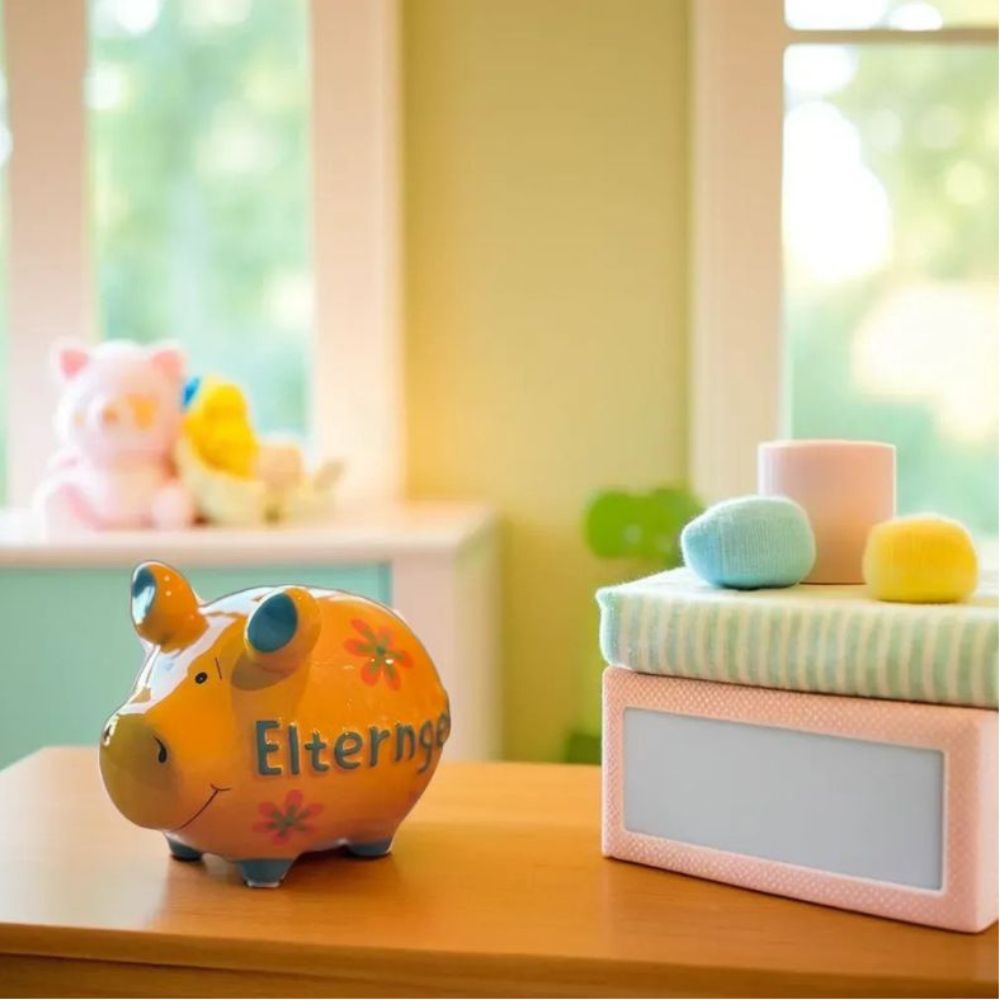 Keramik Sparschwein, intensives Gelb, grüne Details (Füße und Schweinohren), Blaue Aufschrift: Elterngel, orangene Blumen, gesichtszüge in schwarz, 9 x 9 x 12,5 cm großes Sparschwein, glänzende Oberfläche, angerichtet in pastell farbenem Kinderzimmer