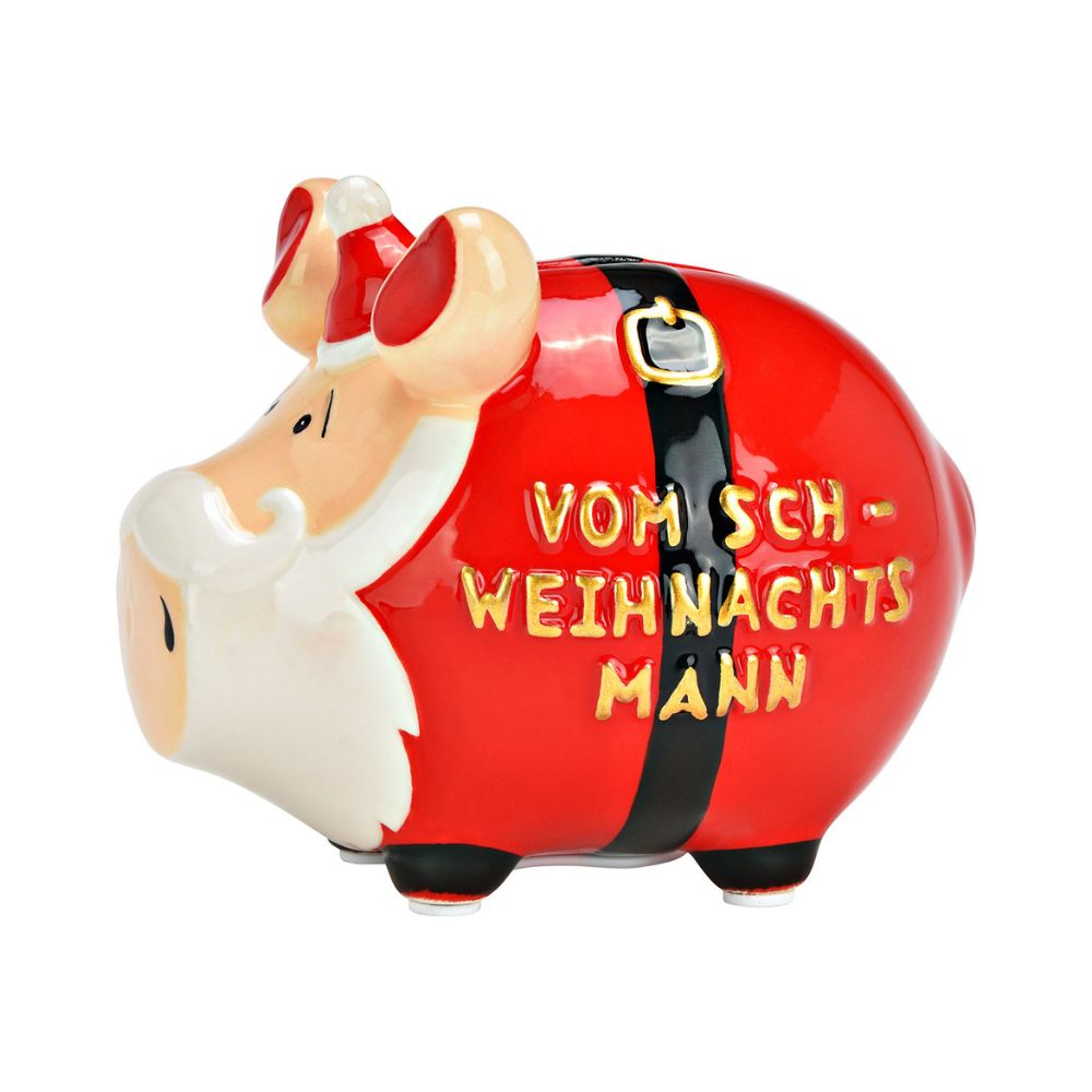 Sparschwein mit weißem Bart und rotem Weihnachtsmann Anzug und einer Goldenen Schrift "Vom Sch-Weihnachtsmann"