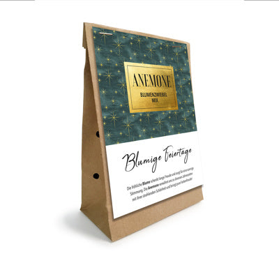 Verpackung des Anemonen Blumenzwiebelmix mit der Aufschrift "Blumige Feiertage"