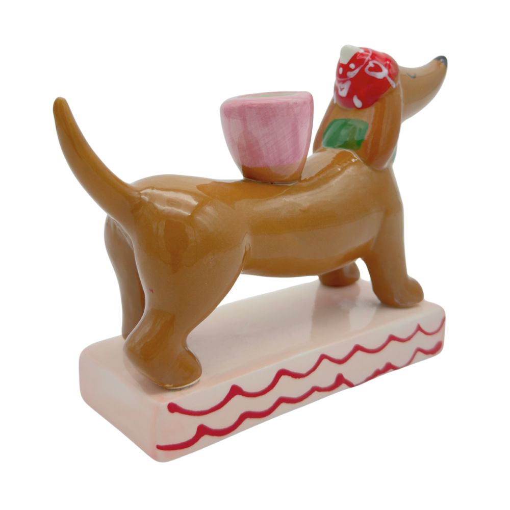 Kerzenhalter kleiner Dackel mit roter Mütze für Stabkerzen