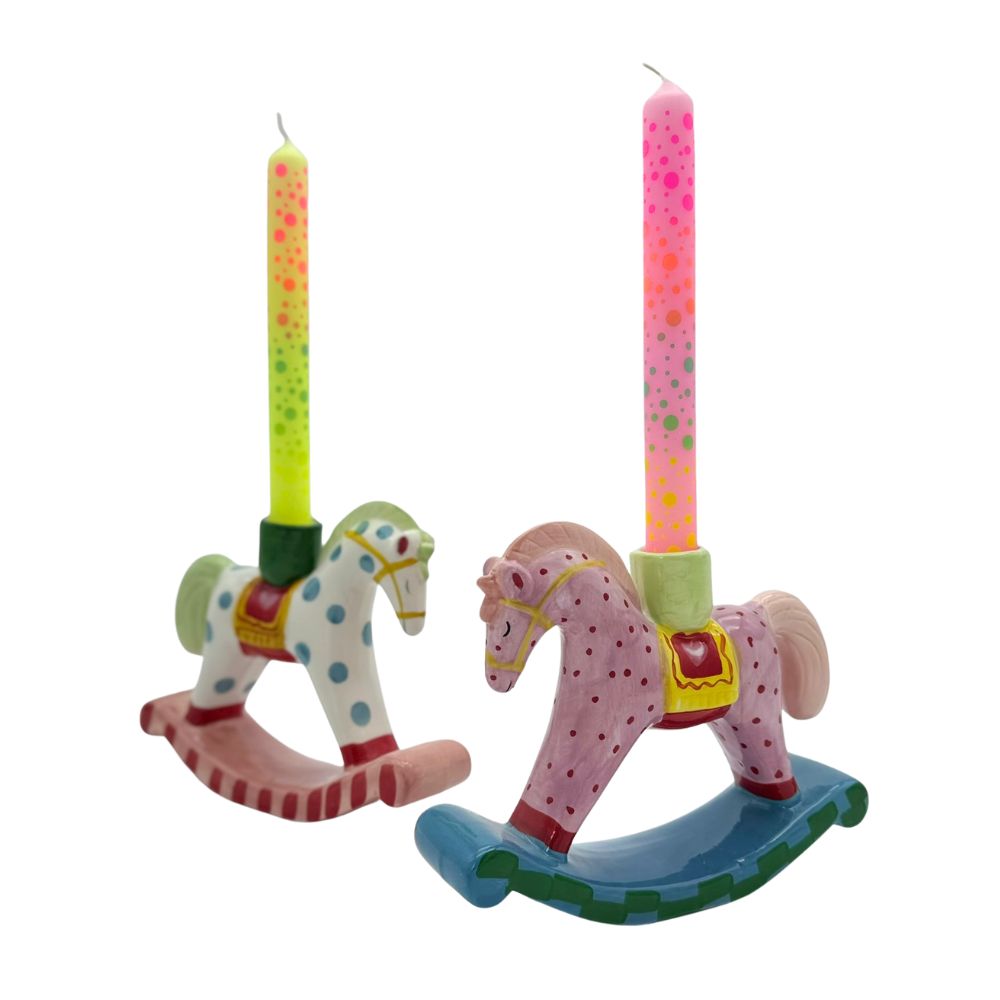 Schaukelpferd Kerzenhalter für Stabkerzen Duo-Set rosa und grün