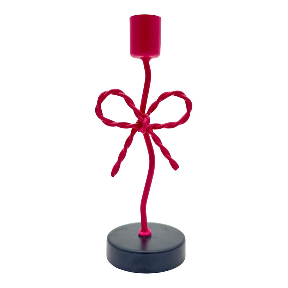 Kerzenständer pink aus Metall geschwungen mit Schleife und schwarzem Standfuß, rosa Kerzenhalter für Stabkerzen 