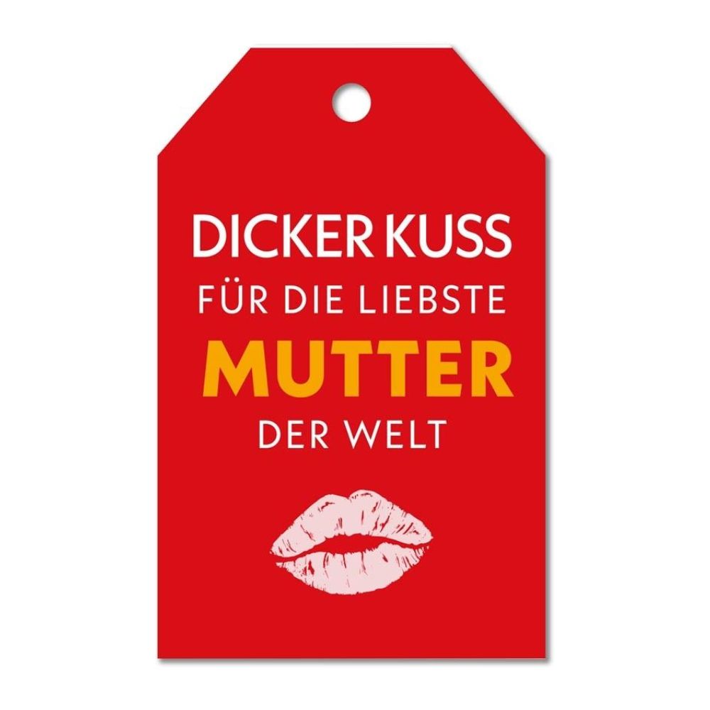 Roter Geschenkanhänger mit der weißen Schrift "Dicker Kuss für die liebste Mutter der Welt" und einem Lippenstift Kuss, Muttertag