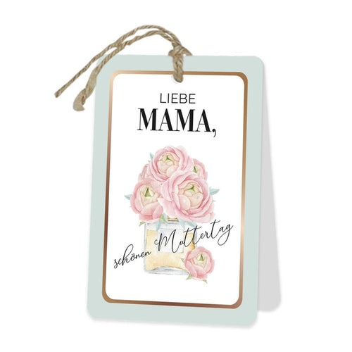 Geschenkanhänger/ Grußkarte mit gedruckten Blumen und der Schrift "Liebe Mama, schönen Muttertag"