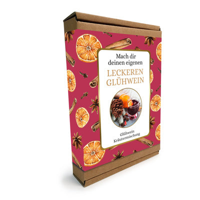 Verpackung der DIY Glühwein Kräutermischung mit Zitrusschalen, Zimt, Sternanis, Kardamon, Nelken, Ingwer, Vanillestücke