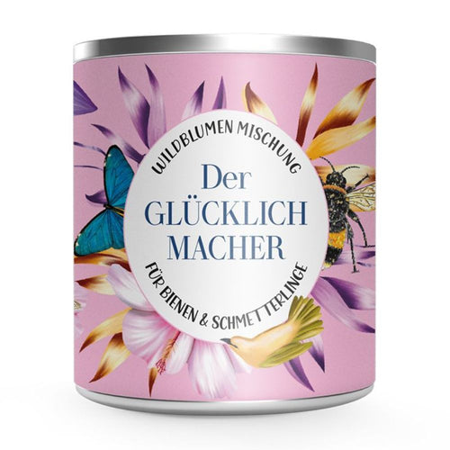 Verpackung der Wildblumen Mischung aus Blumen Samen mit der Schrift "Wildblumenmischung der Glücklich macher für Bienen und Schmetterlinge"