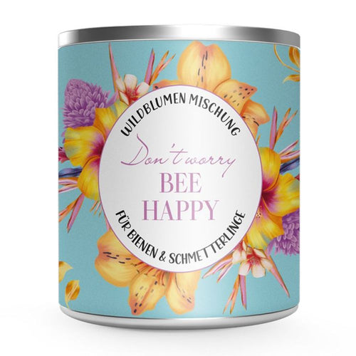 Verpackung der Wildblumen Mischung mit der Schrift "Dont worry BEE happy, für bienen und Schmetterlinge"