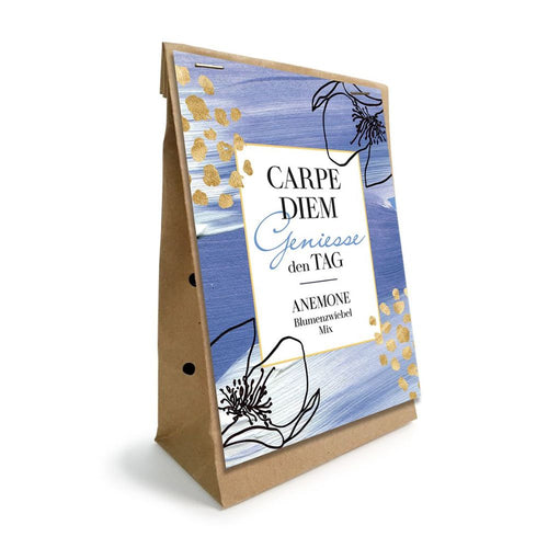 Verpackung des Blumenzwiebel Mixes mit der Schrift "CARPE DIEM Genieße den Tag, anemone Blumenzwiebel Mix"