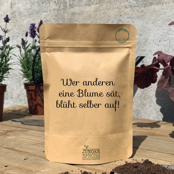 Botschaftsbeutel WER ANDEREN EINE BLUME SÄHT... -  Pflanzbeutel mit Anzuchtserde & Samen