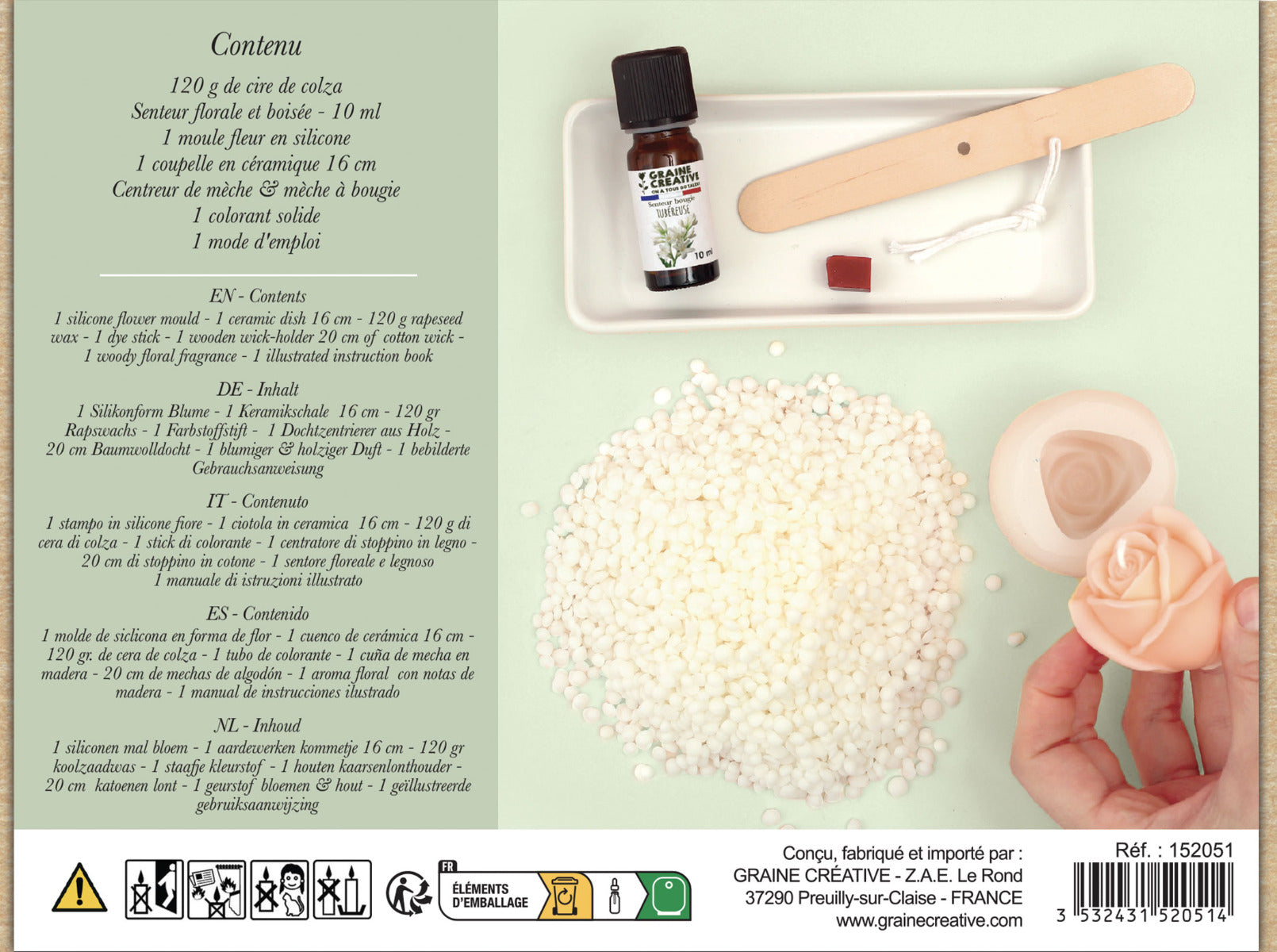 Rückseite der Verpackung der DIY Rosen Blüten Kerzen mit Inhalt: Wachs, Gußform, Parfumfläschchen und Kerzenteller