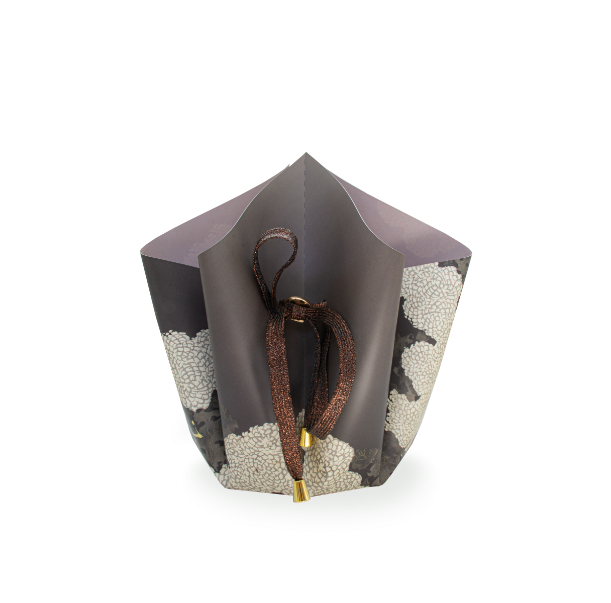 Faltvase mit Schwarz, Gold Blumen Design, innenseite grau gefärbt, zusammengehalten mit einem schwarzen Band, anderer Blickwinkel