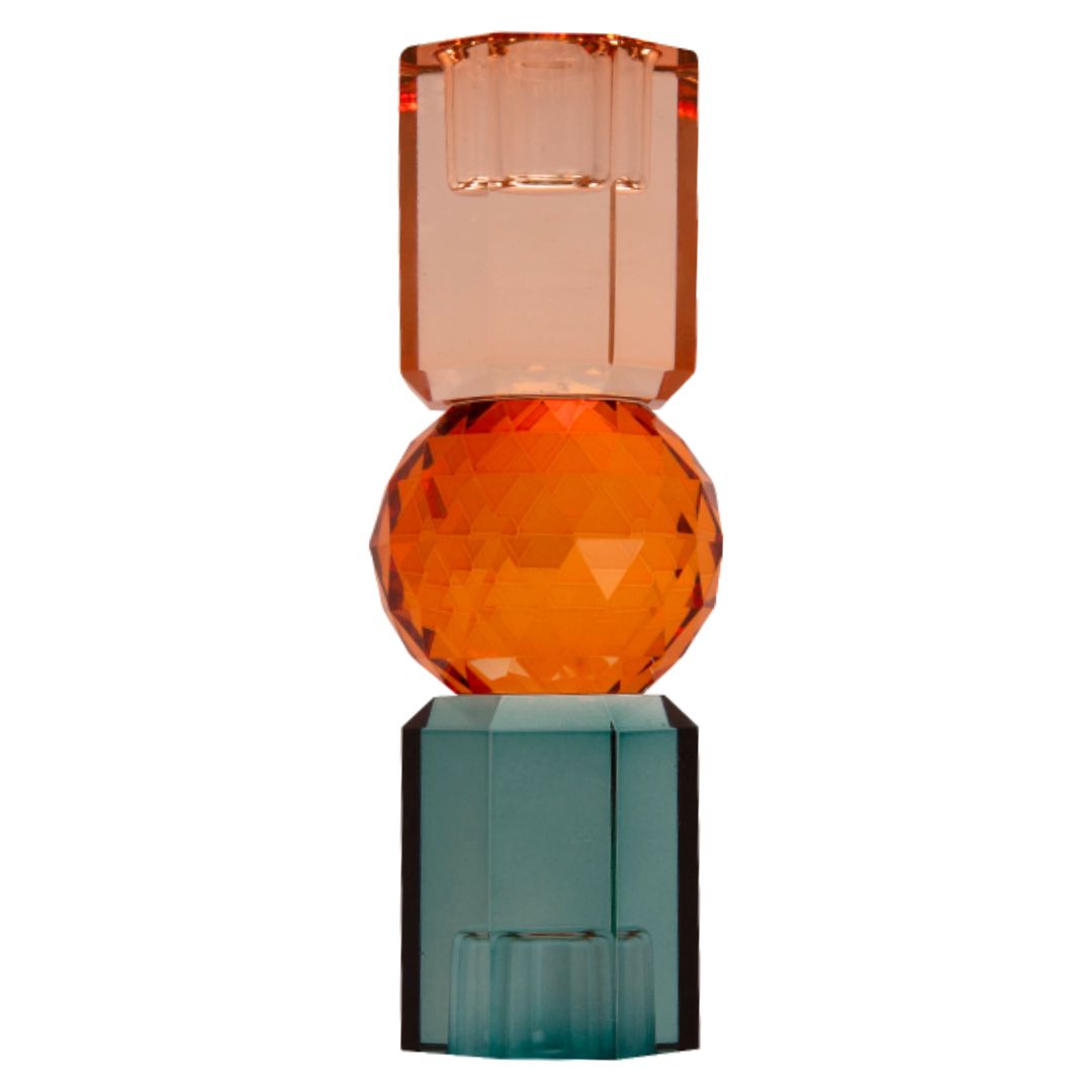 Hoher Dioptrics Kristall-Kerzenhalter in den Farben Petrol, Amber und Pfirsich, umgedreht