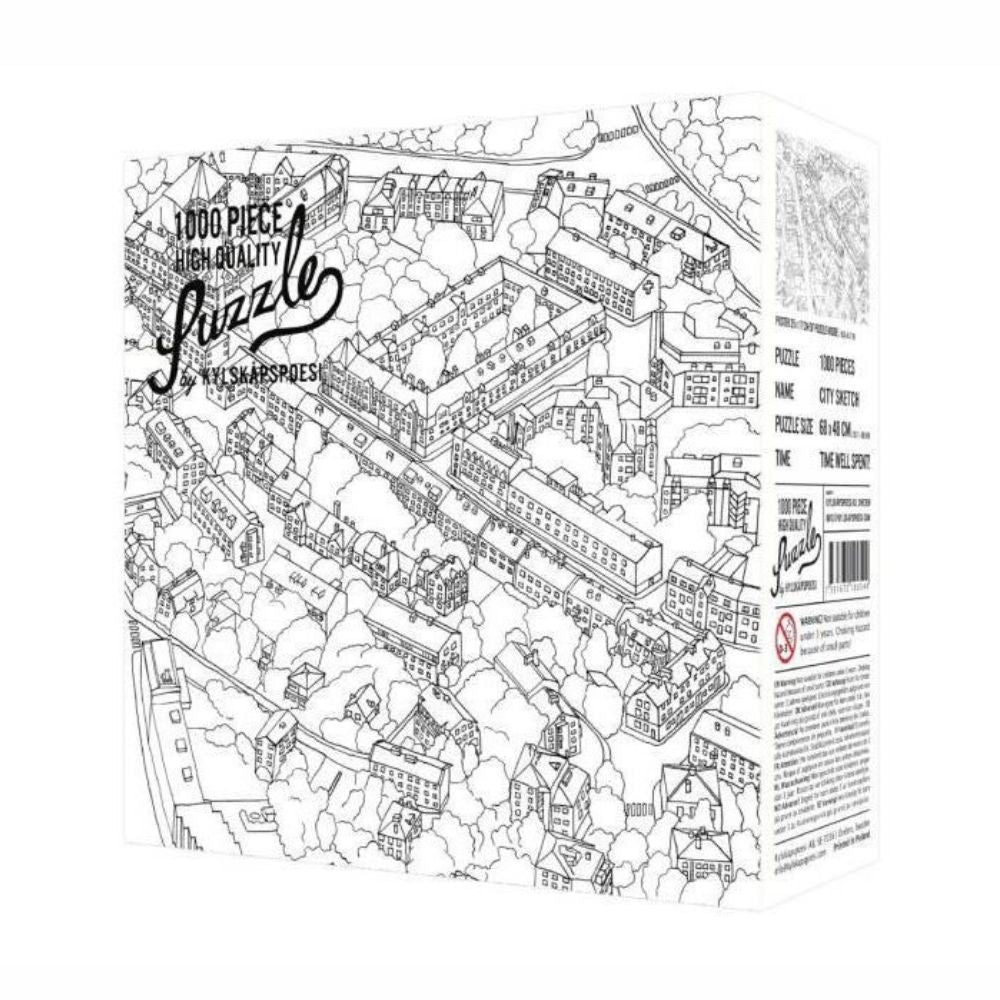 Puzzle "CITY SKETCH" mit tausend Puzzle Stücken bilden eine Stadt aus der Vogelperspektive in einem Schwarz weiß Skizzen-Style ab