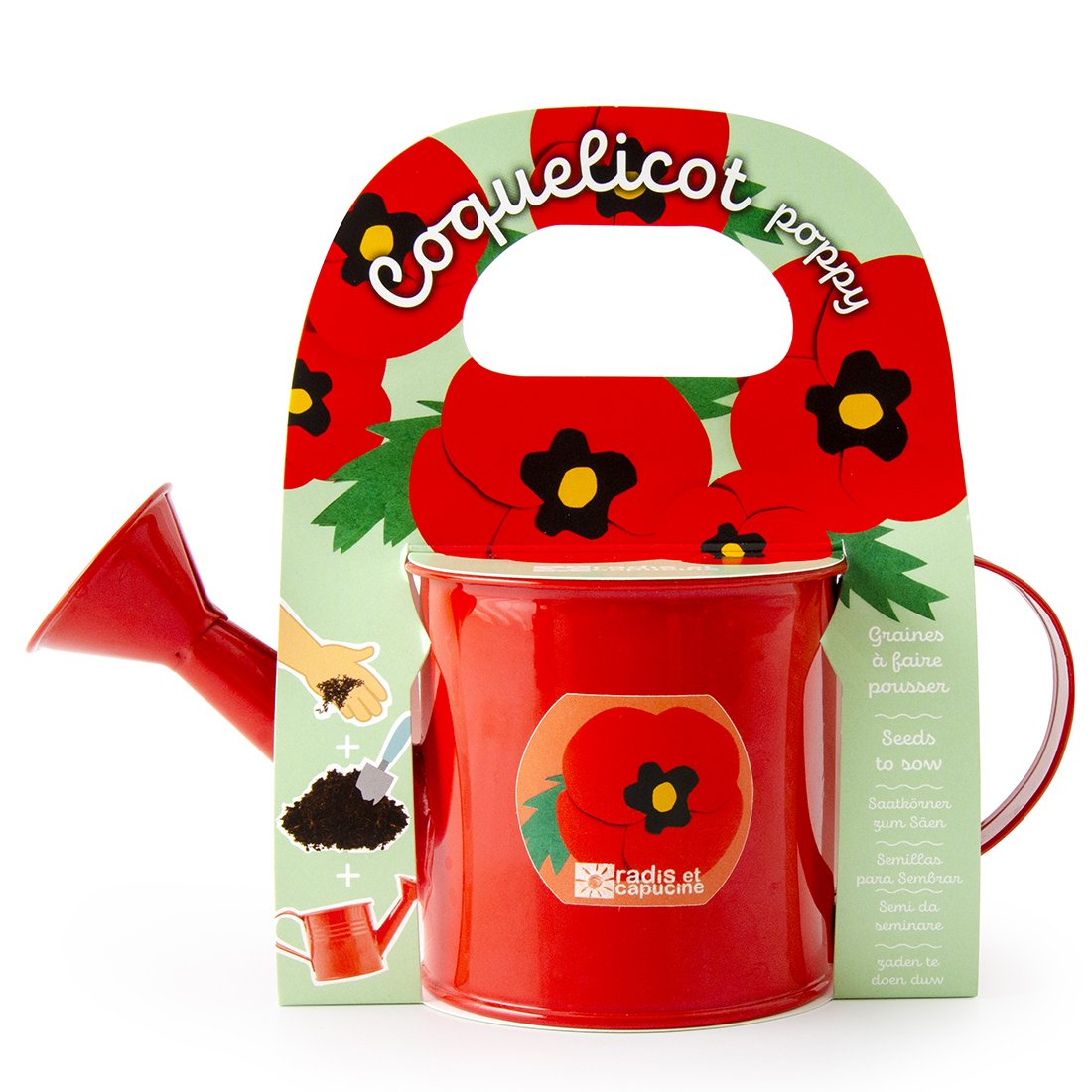 Rote Mini-Gießkanne mit einem Aufdruck einer Mohn-Blume und enthaltenen Samen