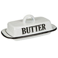 weiße Butterdose mit der schwarzen Schrift "BUTTER"