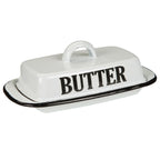 weiße Butterdose mit der schwarzen Schrift "BUTTER"