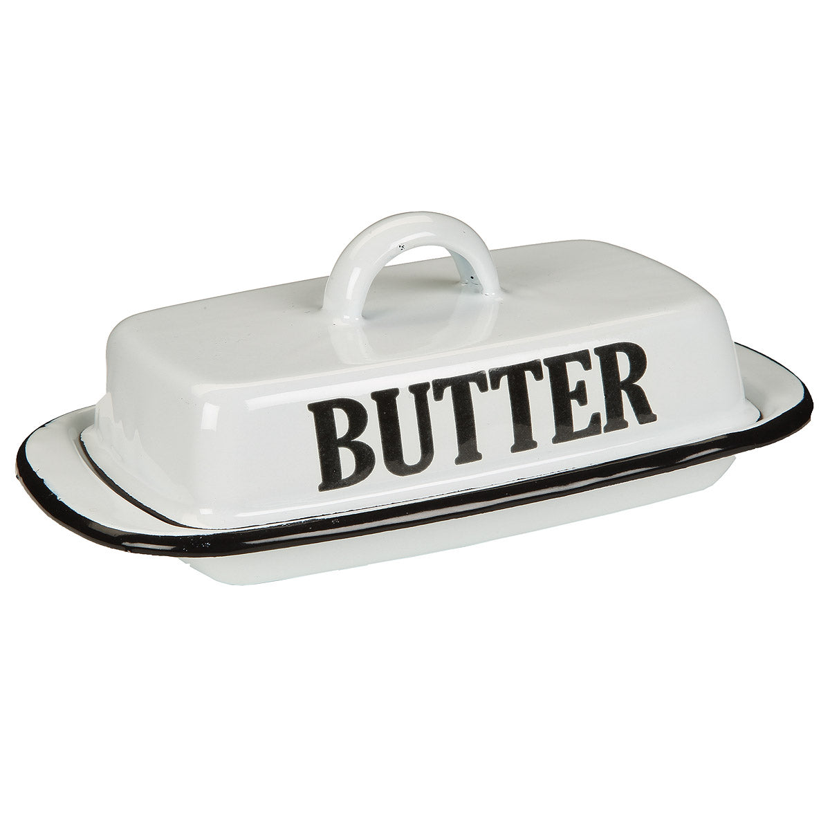weiße Butterdose mit der schwarzen Schrift "BUTTER"
