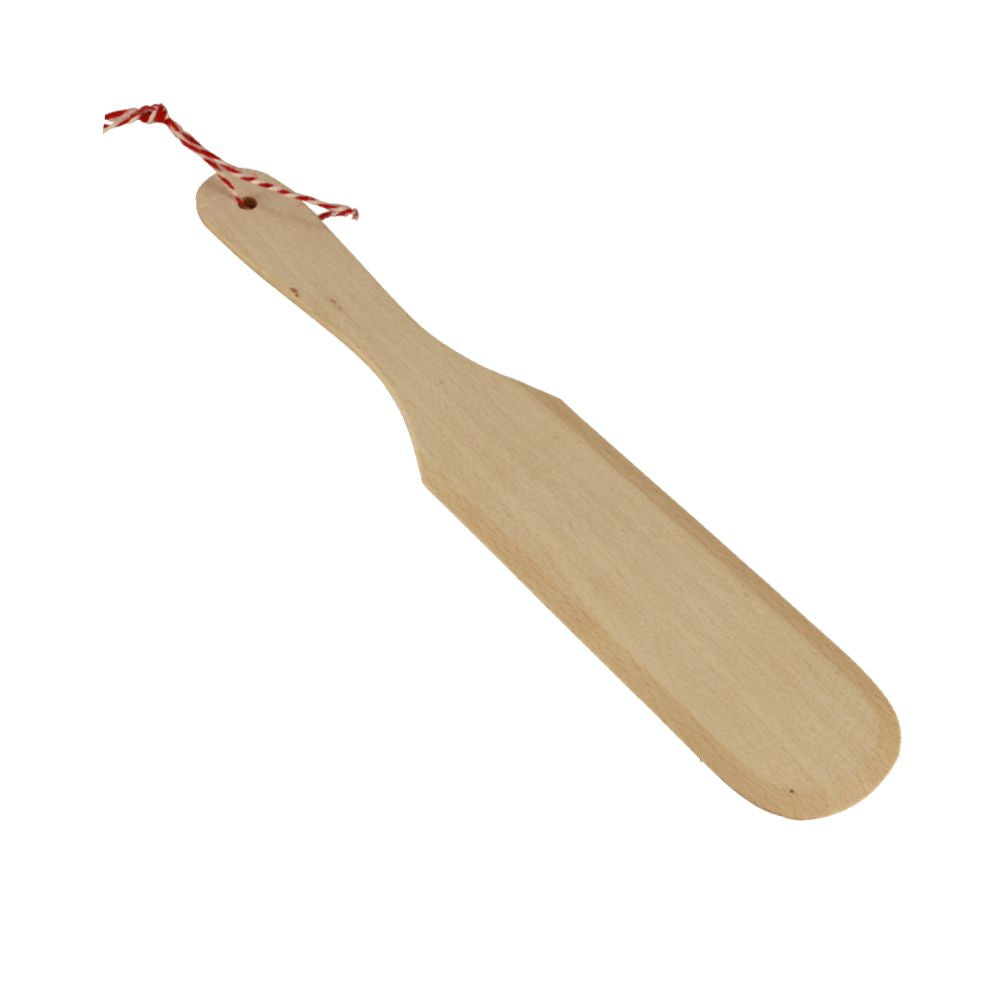 Ein Runder Holzspatel mit rot weißem Band zum aufhängen