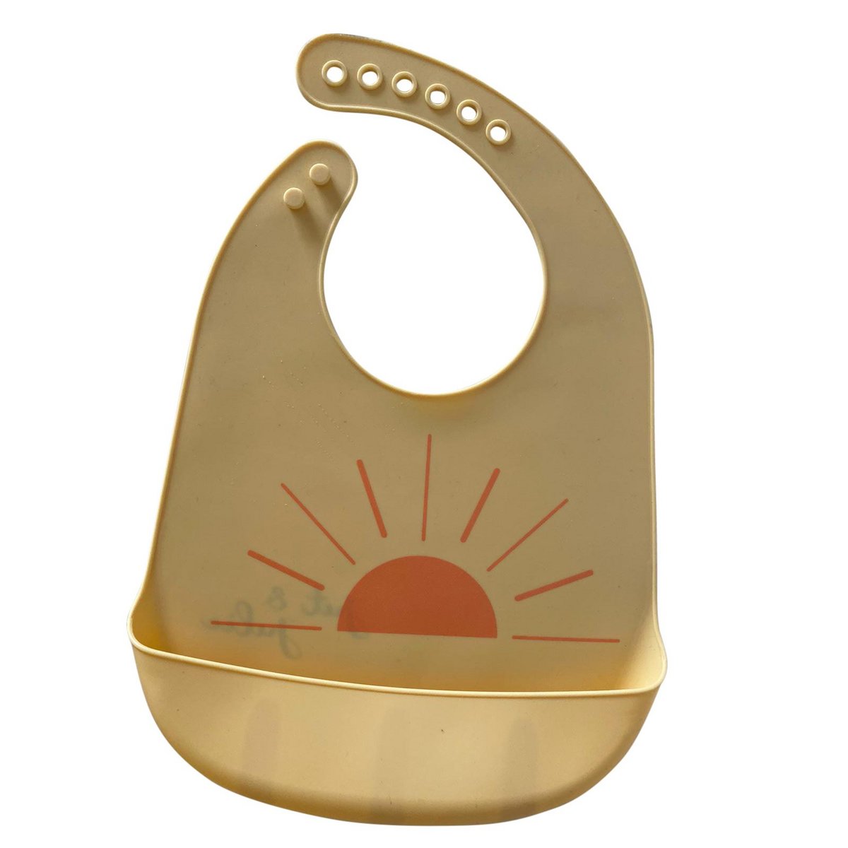 Gelbes Silikon Lätzchen mit einer aufgedruckten Orangenen Sonne und einer Auffangschale