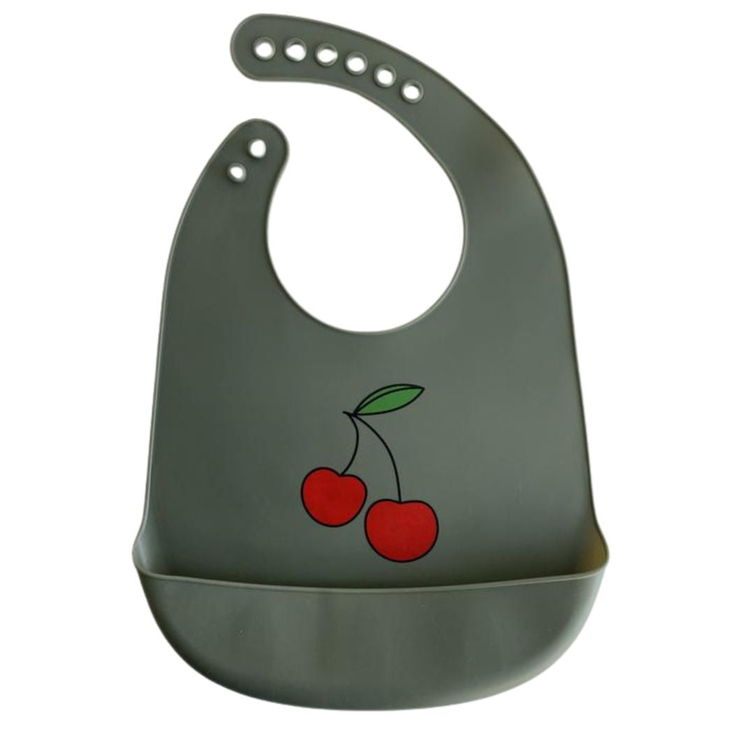 Silikon Lätzchen mit Auffangschale in Schwarz mit einem Kirsch Aufdruck