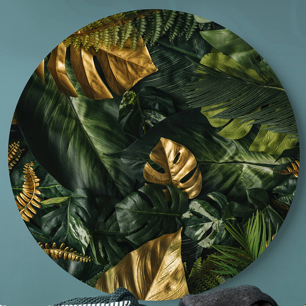 Wanddekoration Wandkreis mit einem Grünen Goldblätter Motiv mit 80cm Durchmesser, grauer hintergrund