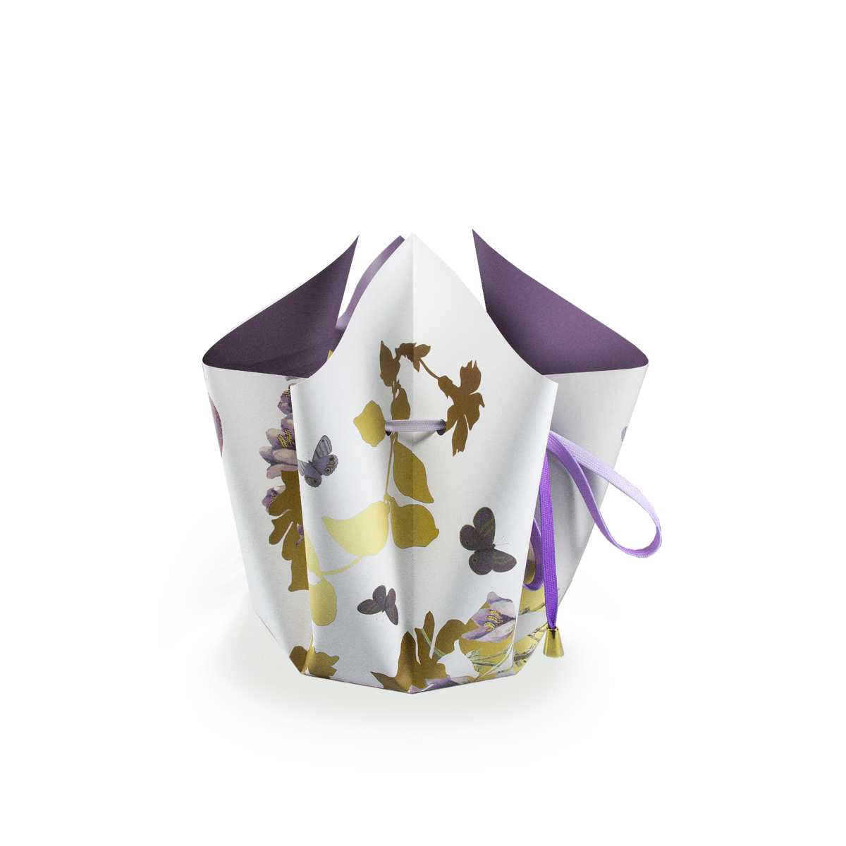 Faltvase mit einem Storch Design in Lila/Weiß/Gold, zusammengebunden mit einer Weißen/Lila Schnurr