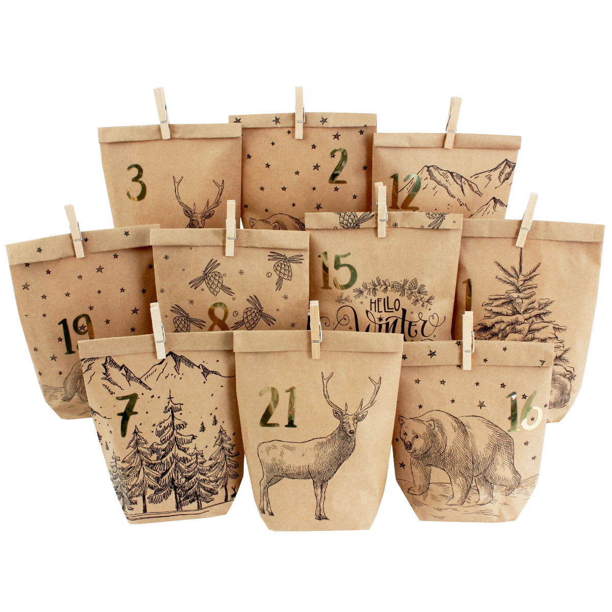 DIY Adventskalender Weihnachten & Advent zum Befüllen - 24 Papiertüten - Motiv Cozy Winter