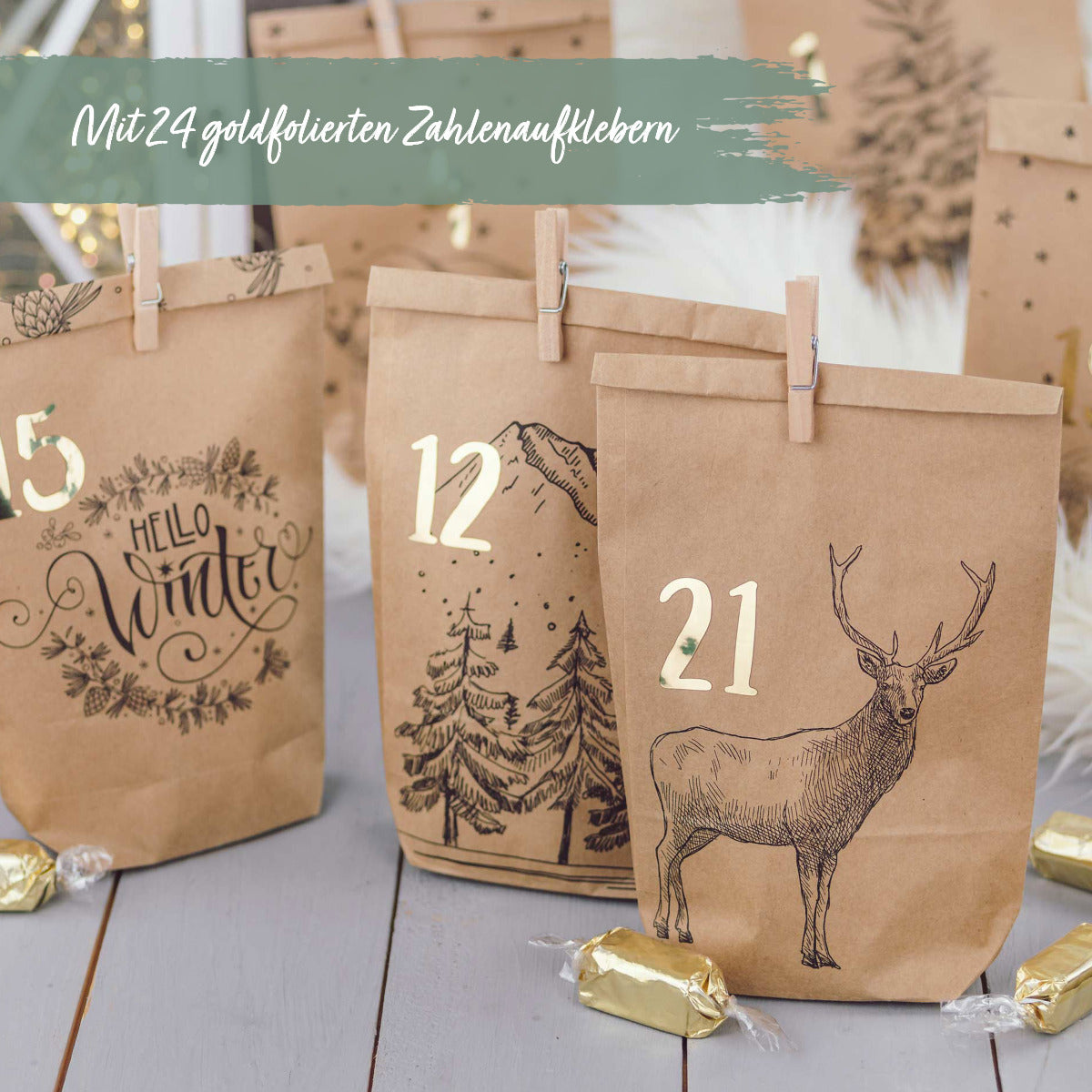 DIY Adventskalender Weihnachten & Advent zum Befüllen - 24 Papiertüten - Motiv Cozy Winter