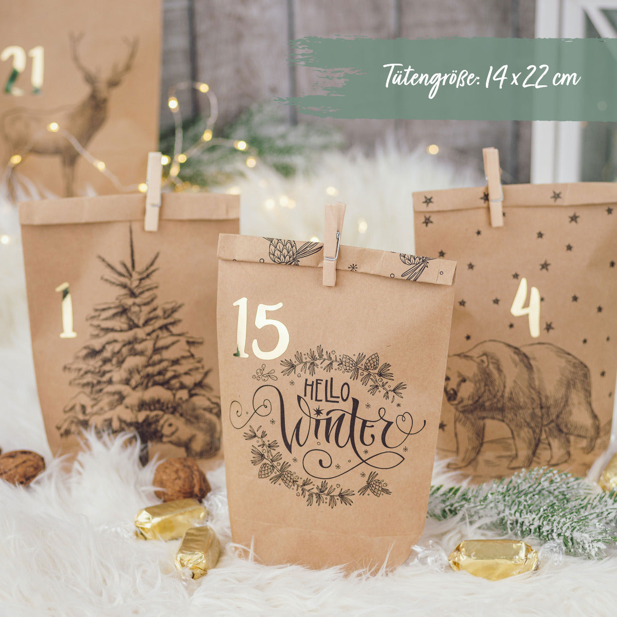 DIY Adventskalender Weihnachten & Advent zum Befüllen - 24 Papiertüten - Motiv Cozy Winter