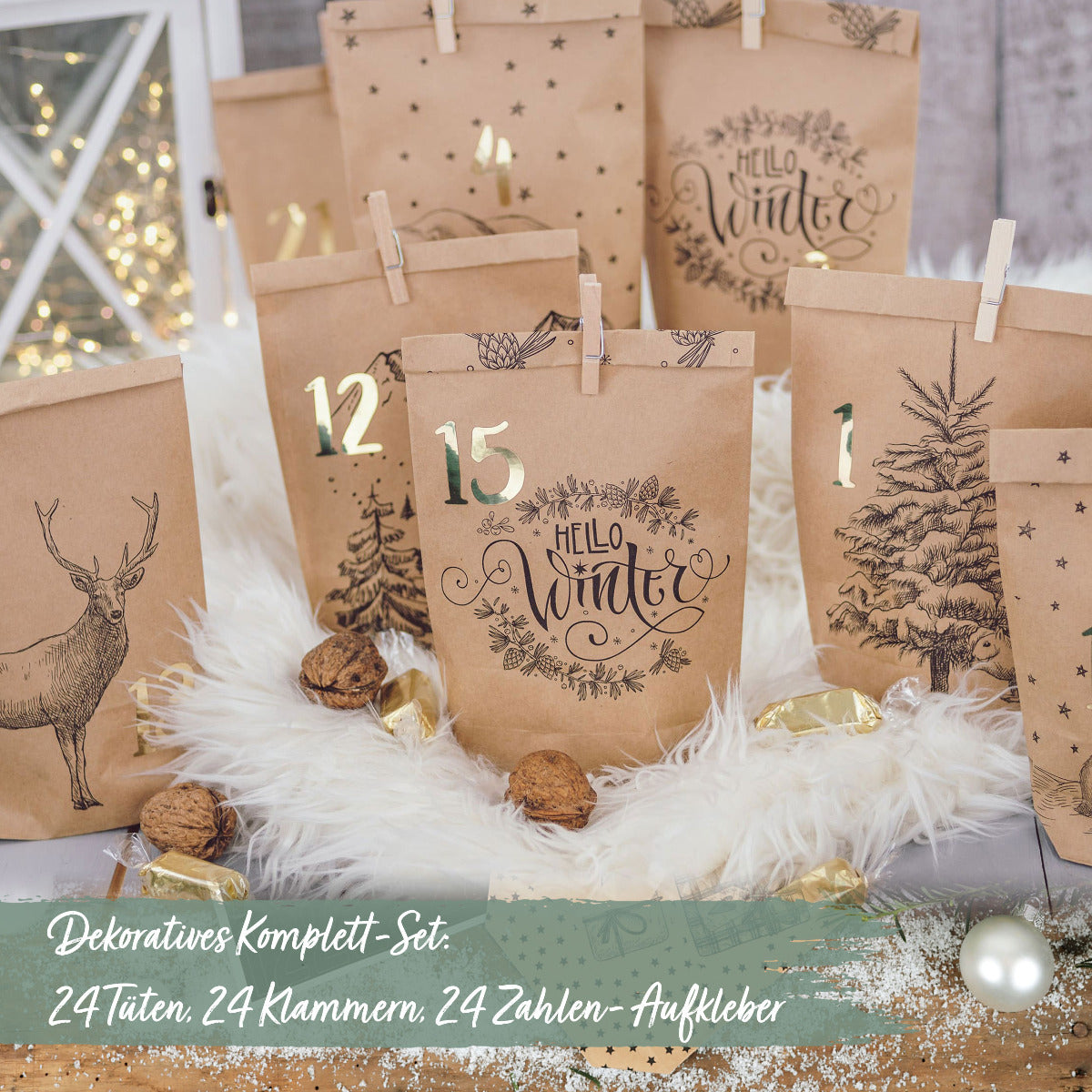 DIY Adventskalender Weihnachten & Advent zum Befüllen - 24 Papiertüten - Motiv Cozy Winter